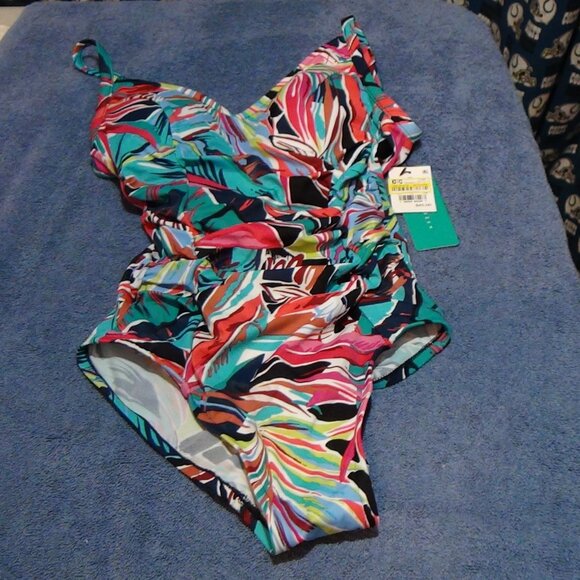 Aqua Green Women's UPF 50 Shirred V-Neck 1 Piece Swimsuit Tropical Print S, L XL - Picture 1 of 15